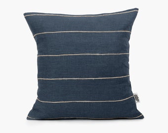 Navy Cushion Cover with Jute Stripes, Made To Order Dark Blue Linen Pillow Cover, Scandinavian Throw Pillow Cases Navy Linen, Euro Sham UK
