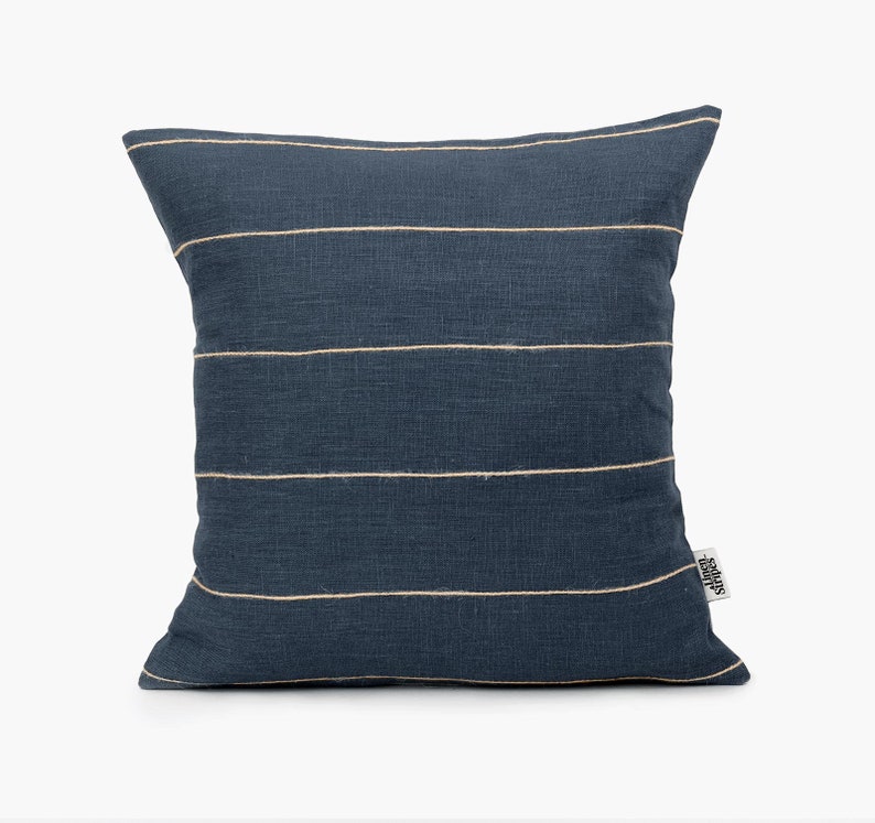 Boho Cushion Cover Navy Linen Pillow Cover Jute Striped Eco Etsy