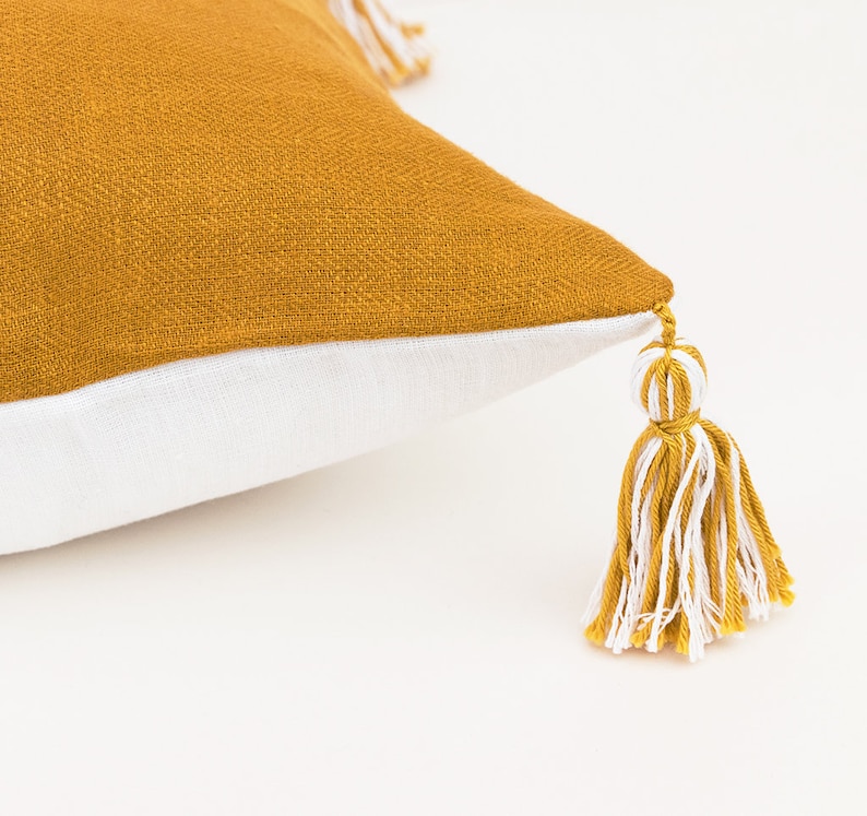 Tassel pillow cover in Mustard linen. Boho cushion cover. Etsy