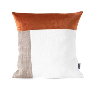 Mid Century Modern Color Block Pillow Cover Handmade from Orange Velvet/Off-White Stonewashed Linen/Brown Nettle, Geometric Cushion Cover