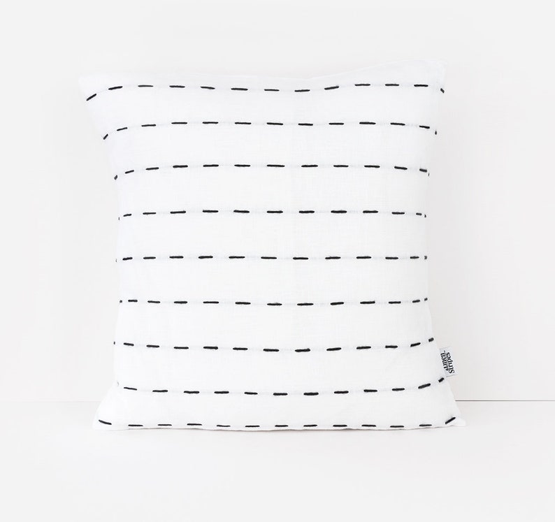 Modern Black and White Linen Pillow Cover With Hand Stitched Etsy