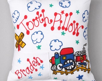 BunniesandBows Personalized Train Tooth Fairy Pillow for Boys Pocket