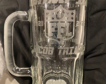 Etched glass/ etched beer mug/ glass trophy/ fantasy football trophy/ beer mug/ custom glass/ drink ware