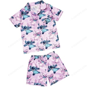 Lilo Stitch Satin Silk Pajama Set – Cute Short Sleeve Sleep Shirt & Shorts