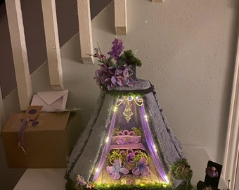 Fairy Doll House Lamp - Lrg Lavender Indoor Fairy House, Doll House, One of a Kind, includes furniture, free shipping