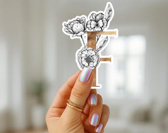 Pegatina de la letra F con flores blancas / Alfabeto floral, pegatina inicial, calcomanía de vinilo