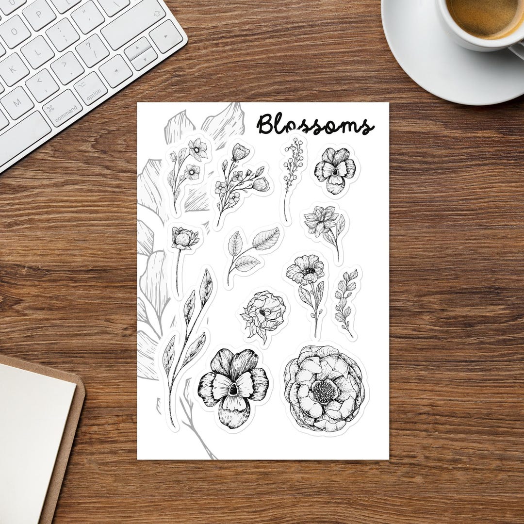 Black and White Floral Sticker Sheet: Botanical Line Art for Journals ...