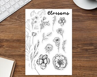 Black and White Floral Sticker Sheet: Botanical Line Art for Journals
