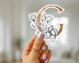 Adesivo in vinile con lettera G dorata: elegante decalcomania floreale iniziale