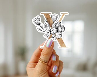 Adesivo floreale con lettera X dorata: elegante decalcomania in vinile con iniziale