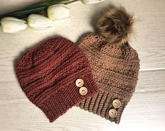 CROCHET PATTERN, Messy bun hat and a beanie hat with pom pom, child and adult size