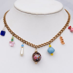 Charmed to Meet You Necklace, Curb Chain Charm Necklace, Gold Charm Necklace, Beaded Charm Statement Necklace, Multi Charm Beaded  Necklace
