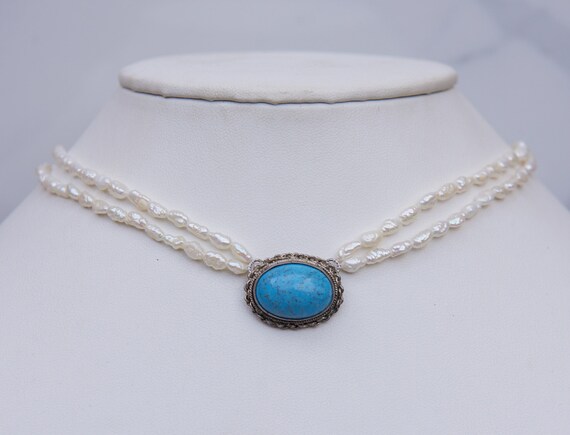 Double Trouble Pearl Beaded Necklace, Turquoise Pendant Necklace