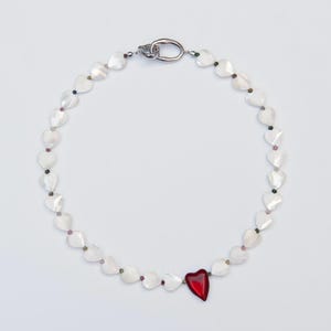 Heart to Heart Pearl Choker Necklace, Pearl Heart Bead Necklace with Red Heart Pendant, Romantic & Elegant Jewelry, Perfect Gifts for Her