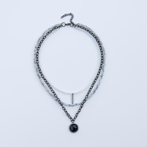 Delicate Beaded Multi-Layer Necklace, Layered Black and White Necklace with Black Pendant and Chain Detail, Layer Necklace