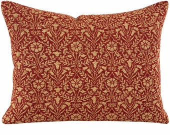 William Morris Bellflower Cushion 16x24”, Woven Floral Cushion, Feather Filled Lumbar Pillow, Arts & Crafts Home Decor
