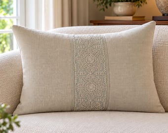 Linen Cushion | Colfax & Fowler Trim | Ivory Embroidery | Luxury Country House Cushion | 15 x 22”