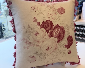 Kate Forman - Red Roses Cushion with Plain Linen Back and Fan Edge Trim