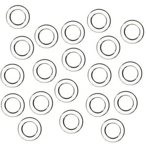 May include: A set of 20 silver metal eyelets, each with a circular shape and a smooth, shiny finish.