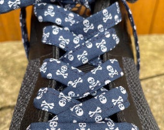 Shoelaces,laces,Skull Skeletons Sholaces,Navy,metal aglets,tips, sneakers,DrMartens,converse,vans,guess,Halloween,fabric,trainers