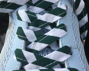 Shoelaces, Green White Stripy, Diagonal,  Handmade Shoelaces, unisex,metal cap,vans,trainers,Dr Martens, converses,washable