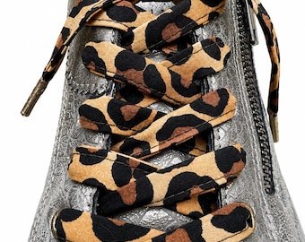 Leopard Brown Shoelaces 120cm | Handmade Fabric Shoe Laces with Metal Tips | Replacement Laces