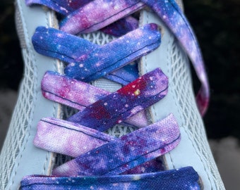 Purple Blue Galaxy Star Shoelaces – Handmade Cosmic Shoe Laces with Metal Tips – Custom Lengths – Gift for Kids & Adults