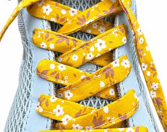Yellow Flower Shoelaces – Handmade Floral Laces with Metal Tips for Sneakers, Boots, Dr. Martens, Kids & Adults