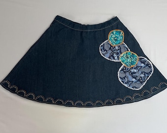 Handmade Upcycled Denim Skirt, Sashiko Style Stitching, Sustainable Fashion, Sashiko