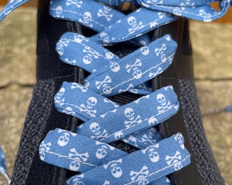 Shoelaces,laces,Skull Skeletons Sholaces,Sky blue,metal aglets,tips, sneakers,DrMartens,converse,vans,guess,Halloween,fabric,trainers