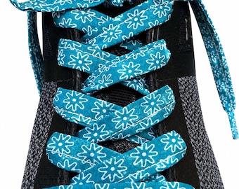 Turquoise Blue Floral Shoelaces – Handmade Sneaker Laces – Unique Shoe Laces – Replacement Laces for Boots & Sneakers
