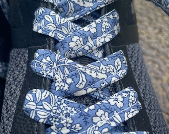 Blue Vintage Floral Shoelaces, Handmade Fabric Laces for Sneakers, Boots & Kids,Metal Tips, Custom Length,Gift Idea,DrMartins,vans,trainers