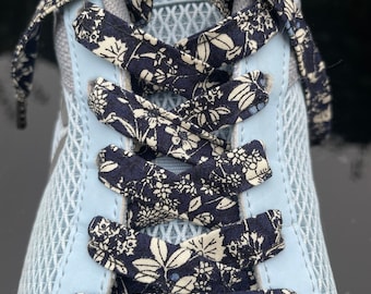 Dark Blue Floral Shoelaces with Metal Aglets – Handmade Fabric Laces for Converse, Vans & Dr Martens