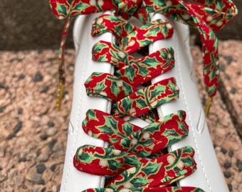 Christmas Holly Shoelaces | Handmade Red Floral Sneaker Laces | Festive Ribbon Shoe Laces with Gold Tips | 120cm Gift