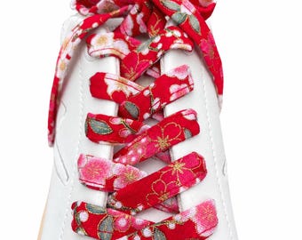 Japanese Blossom Shoelaces Red | Floral Shoe Laces | Handmade Sneaker Laces | Cute Shoe Accessories | Gift for Her | Unique Shoelaces