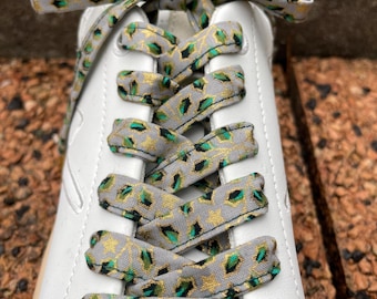 Grey Christmas Holly Shoelaces | Handmade Festive Sneaker Laces | Grey Gold Holiday Shoe Laces | 120cm Gift for Her