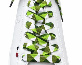 Shoelaces ,Green geometric handmade shoelaces, cotton,metal cap, Dr.Martens,Converse, vans, guess, summer,white, cotton,unisex,style,unique