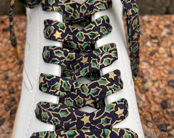 Navy Christmas Holly Shoelaces | Handmade Festive Sneaker Laces | Blue Gold Holly Shoe Laces | 120cm Gift for Her