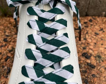 Green & White Striped Handmade Shoelaces | Fabric Shoe Laces | Unique Sneaker Laces