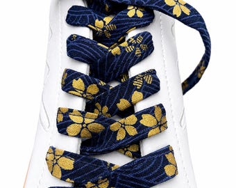 Navy Isumi Blossom Shoelaces – Transform Your Shoes with Stylish Japanese Gold Floral Laces