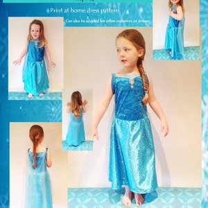 Padrão de vestido inspirado em Elsa From Frozen, meninas de 2 a 8 anos, estampa em casa