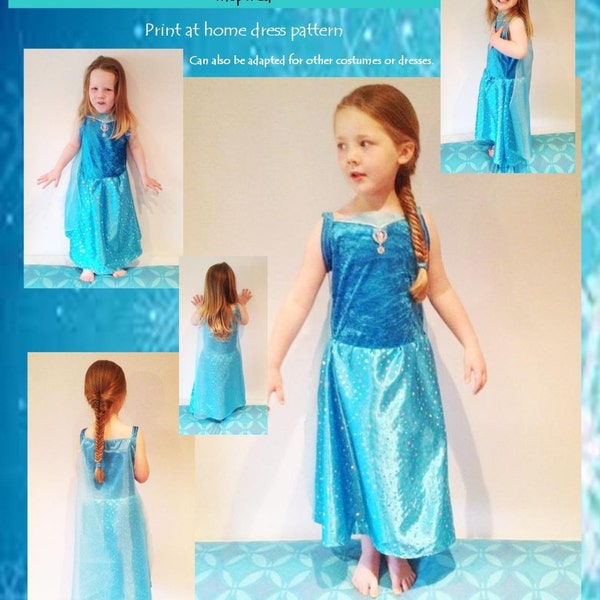 Elsa From Frozen inspired dress pattern, Girls Age 2 - 8, print at home