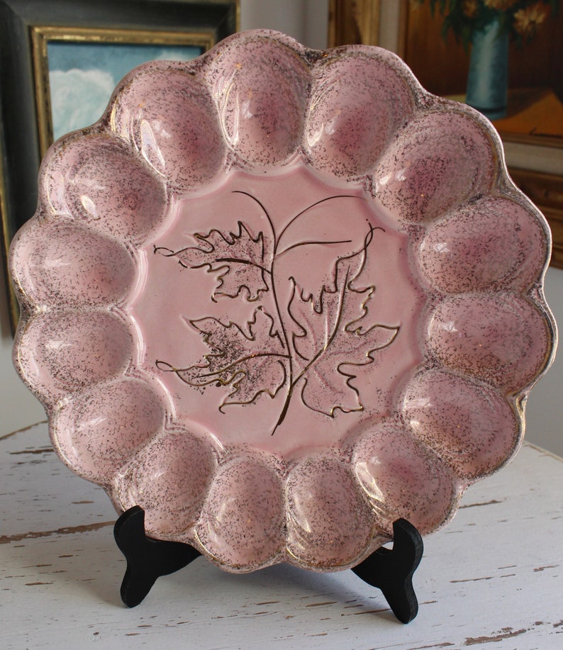 Mid Century Modern Pink Splatter Vintage Deviled Egg Plate Party Relish Tray