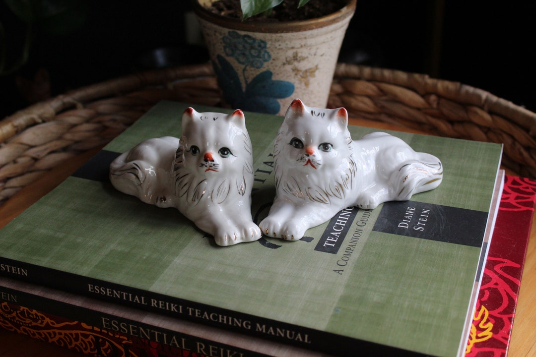 Pair of Vintage Ceramic Cat Figurines Home Decor Cottage Core Ceramic