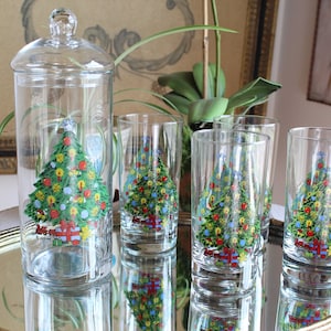 Vintage 80&#39;s Action Christmas Glasses And Canister/Ice Bucket 4 Hi-Ball Whisky Barware Glasses With Lidded Cookie Jar Holiday Kitchen Decor