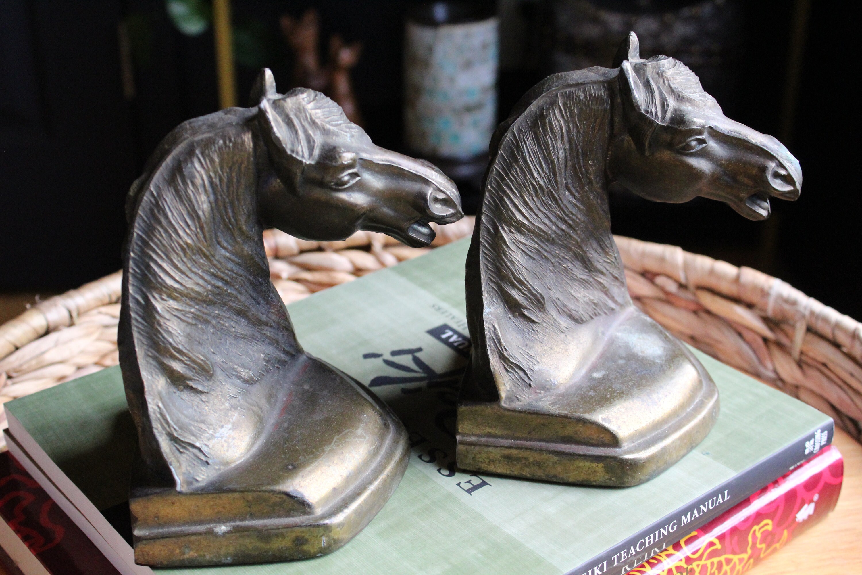 Vintage Art Deco Style Horse Head Bookends, Antiqued Brass Tone Lacque –  valerietylercollection