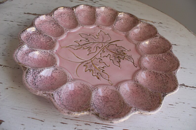 Mid Century Modern Pink Splatter Vintage Deviled Egg Plate Party Relish Tray