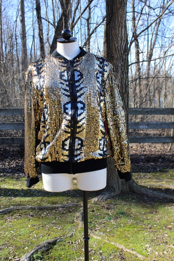 Vintage Jewel Queen Sequin Jacket Flashy Gold Zip 