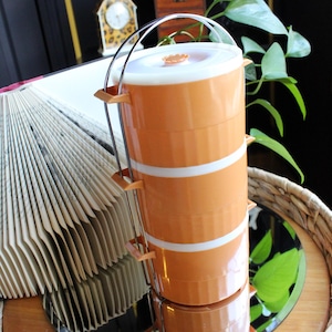 May include: An orange and white vintage food carrier with a handle. The carrier is made of plastic and has three stacked compartments. The carrier is reflected in a round mirror. A book and a plant are in the background.