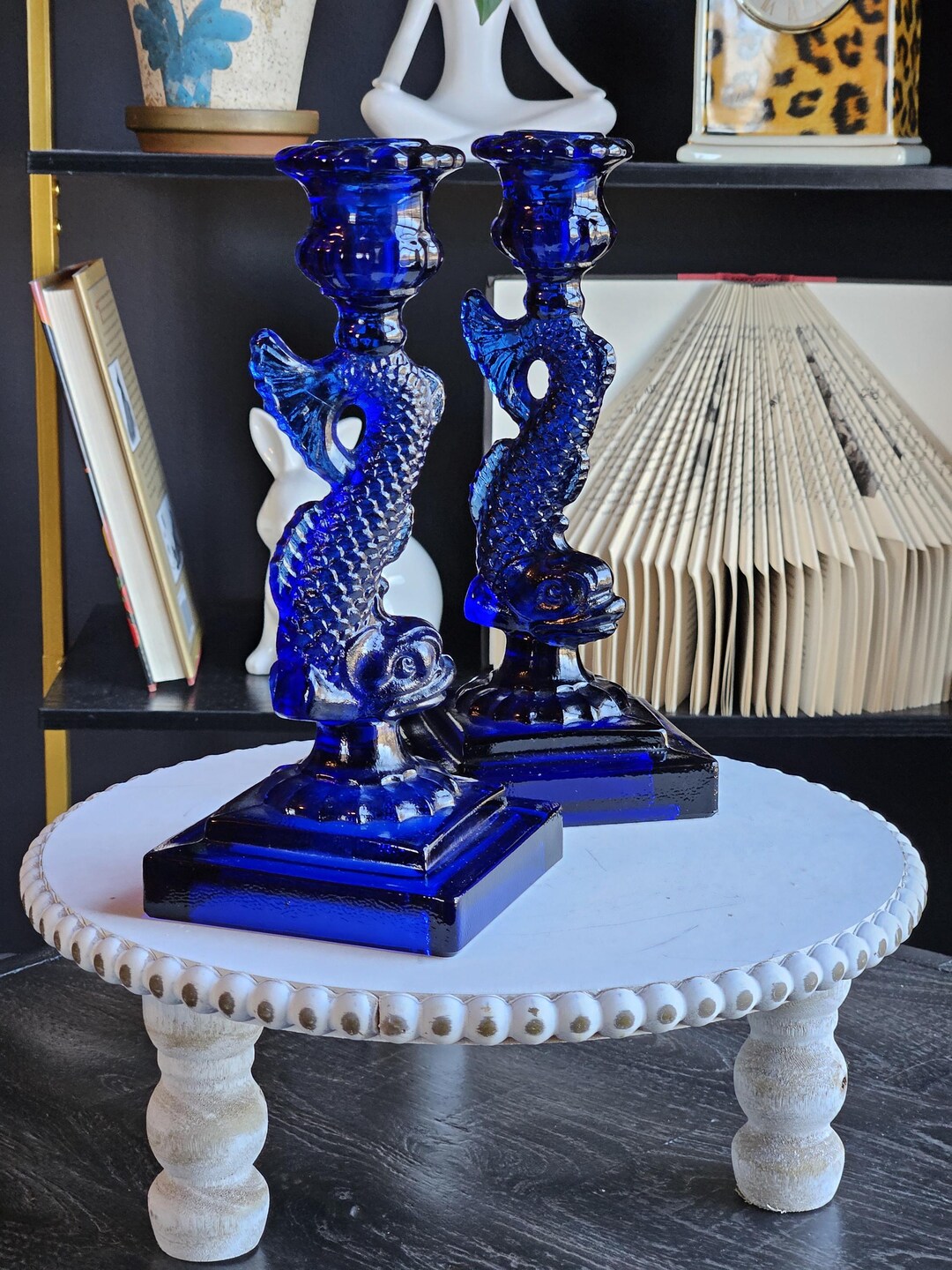 Vintage Imperial Glass Cobalt Blue Koi Fish Candle Holders Home Decor ... - Fish Blue Glass Decoration